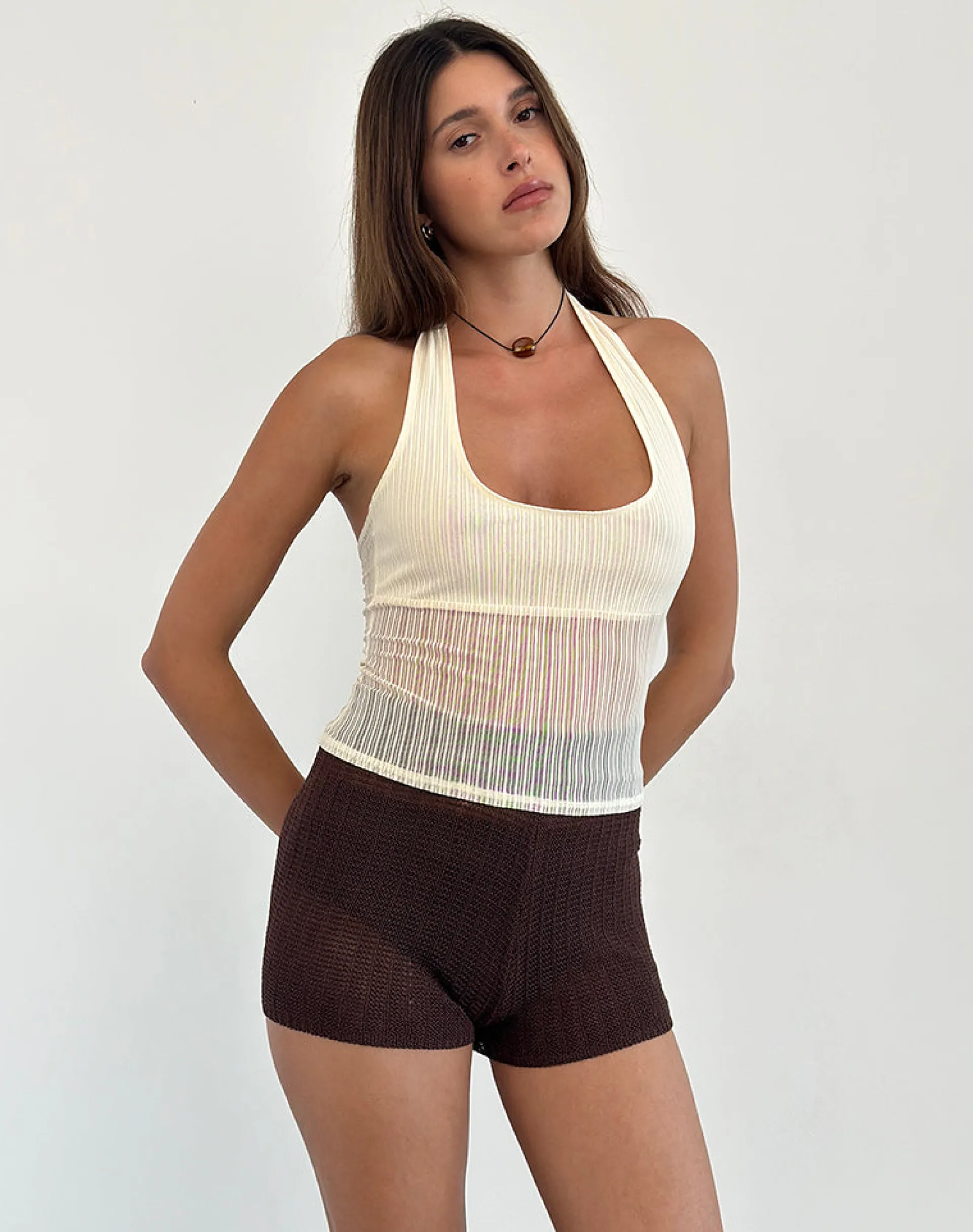 Motel Rocks Halterneck Tops | Printed Tops-Elagia Top in Sheer Texture Ivory
