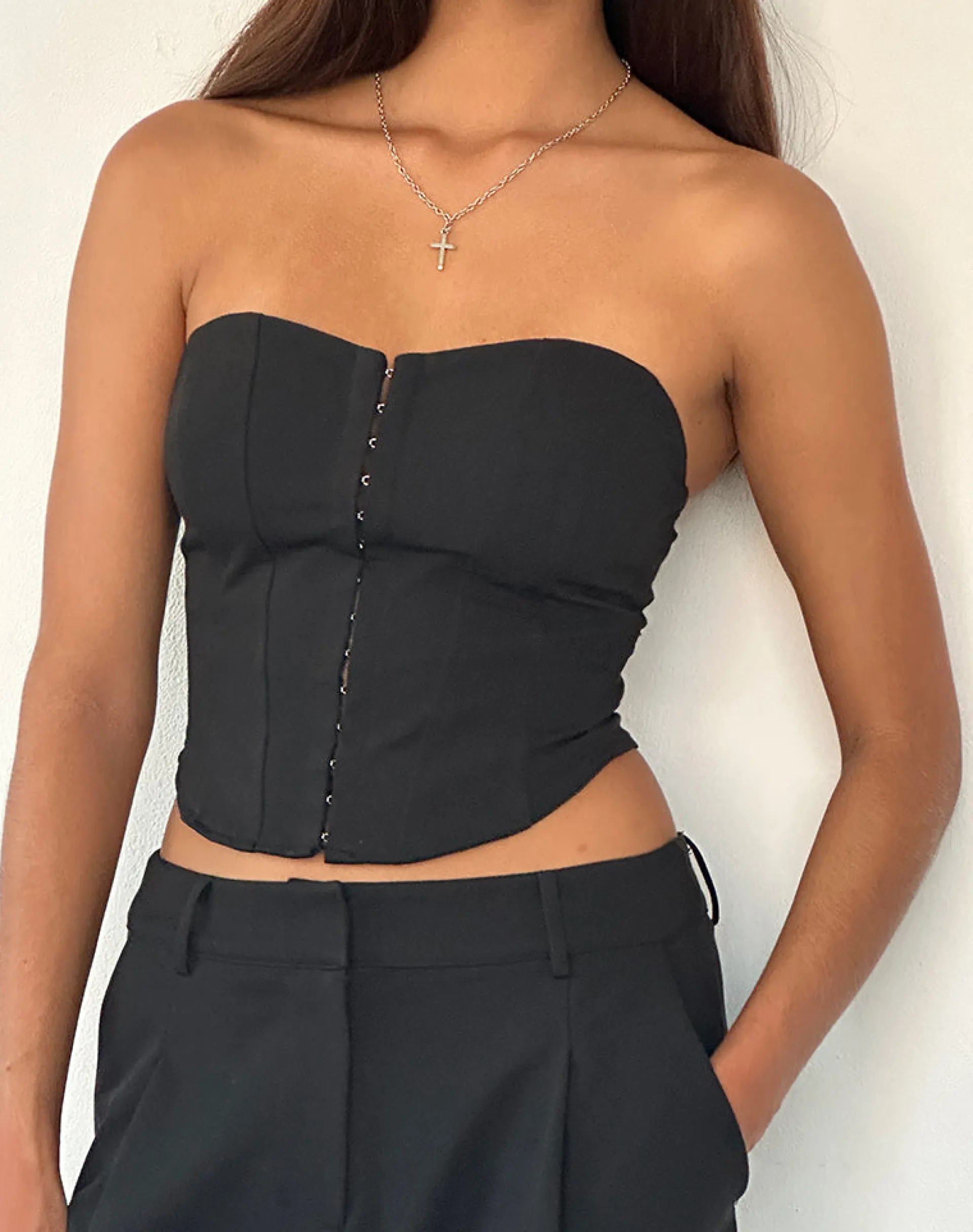 Motel Rocks Tailoring | Bandeau Tops-Elita Hook and Eye Corset Top in Black