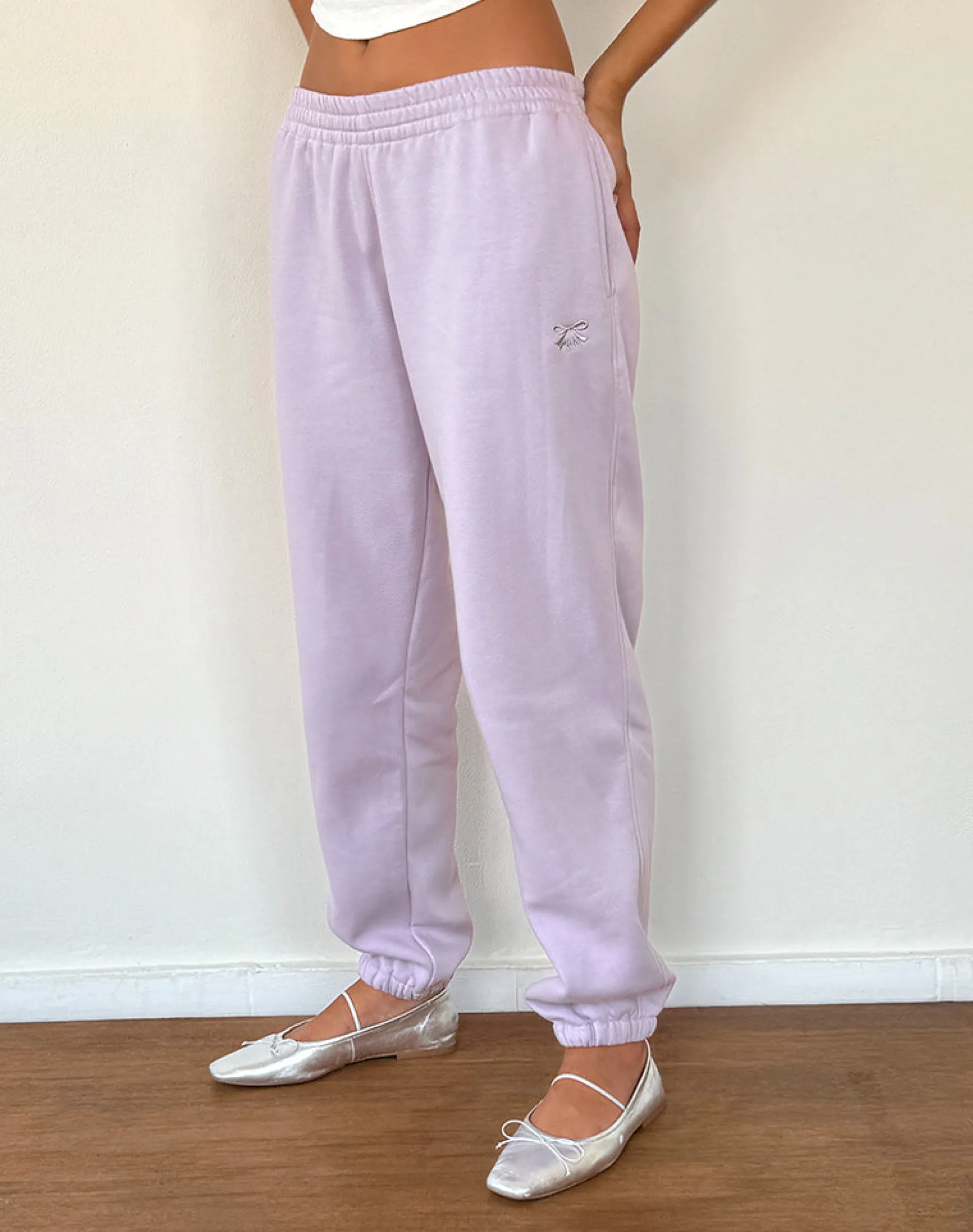 Motel Rocks Basics-Em Jogger in Violet Grey with Bow Embroidery VioletGreywithBowEmbroidery