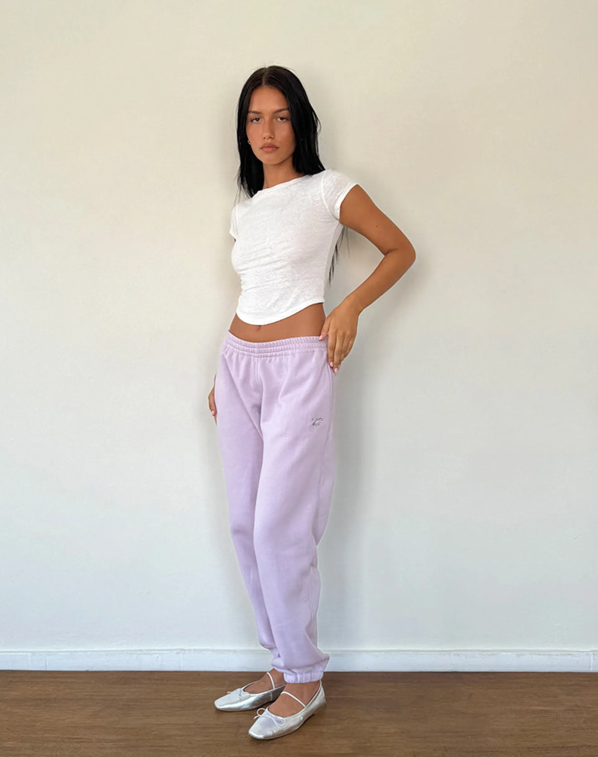 Motel Rocks Basics-Em Jogger in Violet Grey with Bow Embroidery VioletGreywithBowEmbroidery