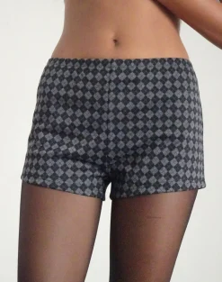Motel Rocks Co-Ords-Emier Micro Shorts in Argyle Black Grey