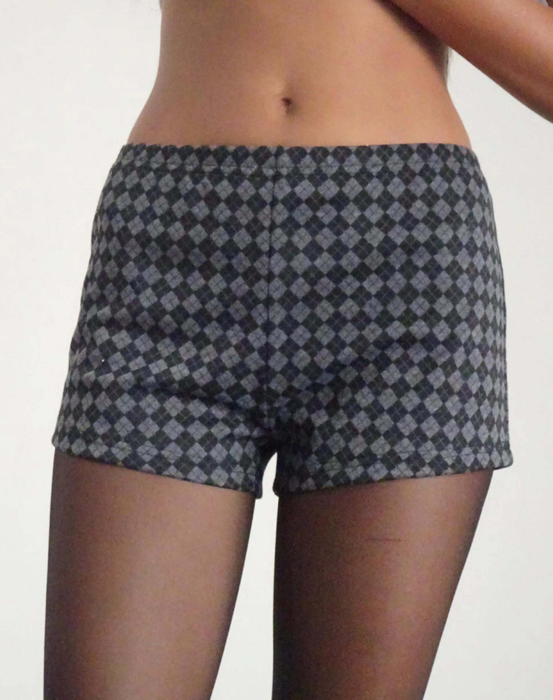 Motel Rocks Co-Ords-Emier Micro Shorts in Argyle Black Grey