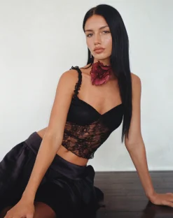 Motel Rocks Vest Tops | Lace Tops-Emilia Lace Frill Vest Top in Black