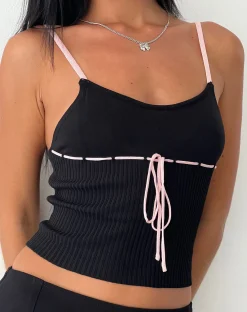 Motel Rocks Vest Tops | Strappy Tops-Emonie Cami Top in Black with Pink Binding BlackwithPinkBinding