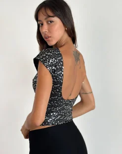 Motel Rocks Sequin Tops | Going Out Tops-Erika Backless Top in Black Gauzy Sequin BlackGauzySequin