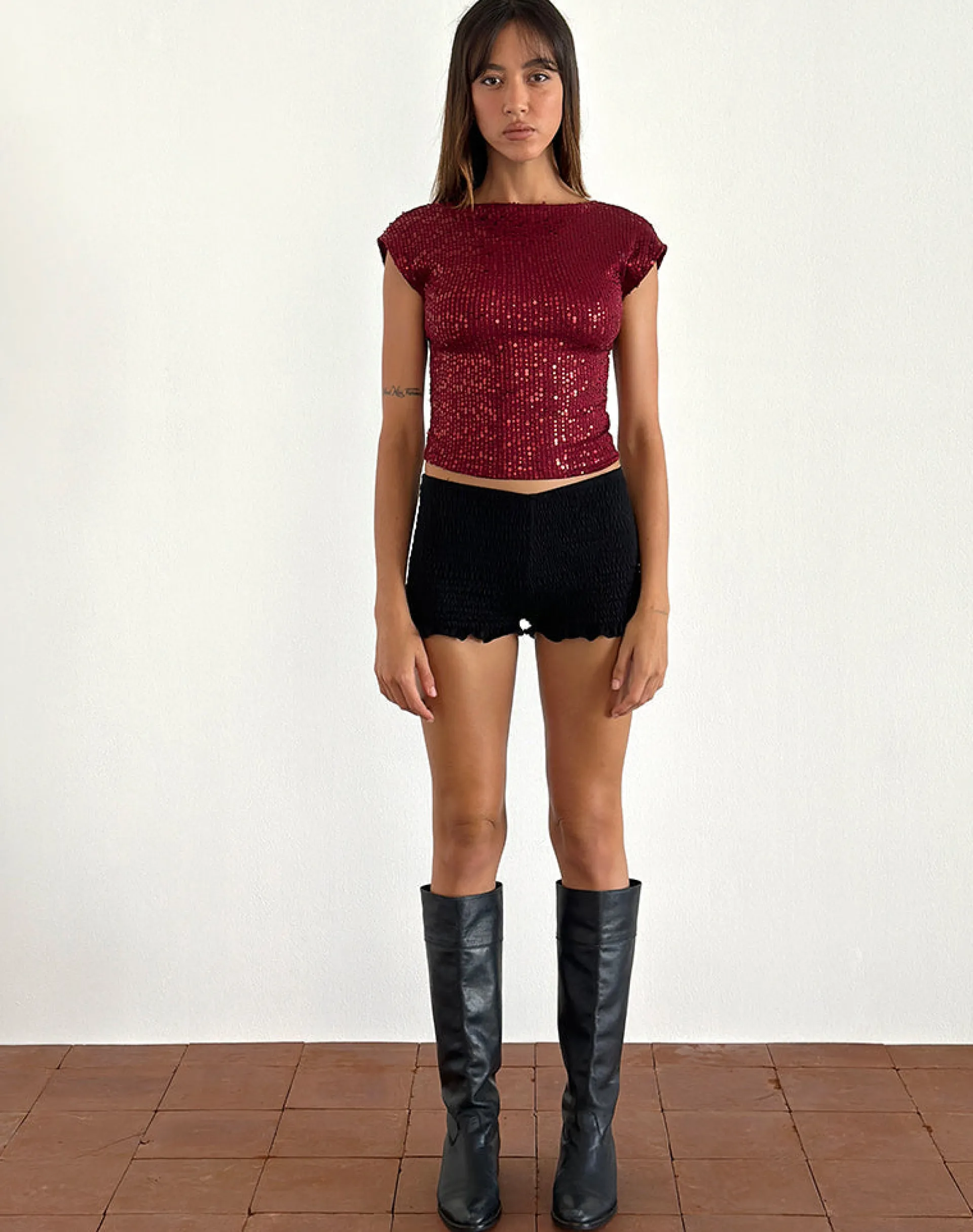 Motel Rocks Sequin Tops | Going Out Tops-Erika Low Back Top in Gauzy Sequin Red GauzySequinRed