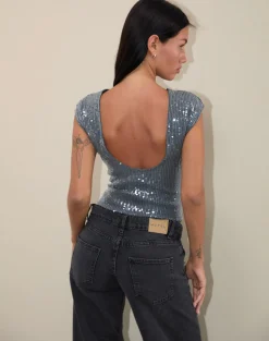 Motel Rocks Crop Tops | Sequin Tops-Erika Low Back Top in Shimmer Sequin Charcoal ShimmerSequinCharcoal