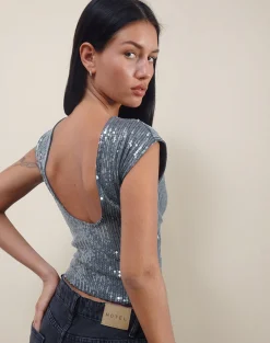 Motel Rocks Crop Tops | Sequin Tops-Erika Low Back Top in Shimmer Sequin Charcoal ShimmerSequinCharcoal