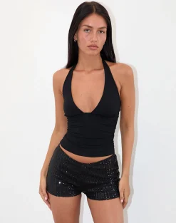 Motel Rocks Micro Shorts | Co-Ords-Erna Micro Short in Drape Mini Sequin Black DrapeMiniSequinBlack