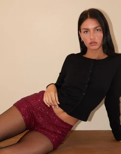 Motel Rocks Micro Shorts | Co-Ords-Erna Micro Shorts in Drape Mini Sequin Maroon DrapeMiniSequinMaroon