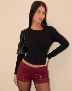 Motel Rocks Micro Shorts | Co-Ords-Erna Micro Shorts in Drape Mini Sequin Maroon DrapeMiniSequinMaroon