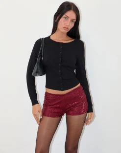 Motel Rocks Micro Shorts | Co-Ords-Erna Micro Shorts in Drape Mini Sequin Maroon DrapeMiniSequinMaroon