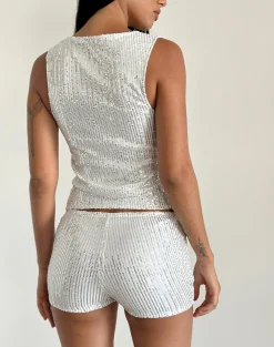 Motel Rocks Micro Shorts-Erna Micro Shorts in Silver Chrome Sequin SilverChromeSequin