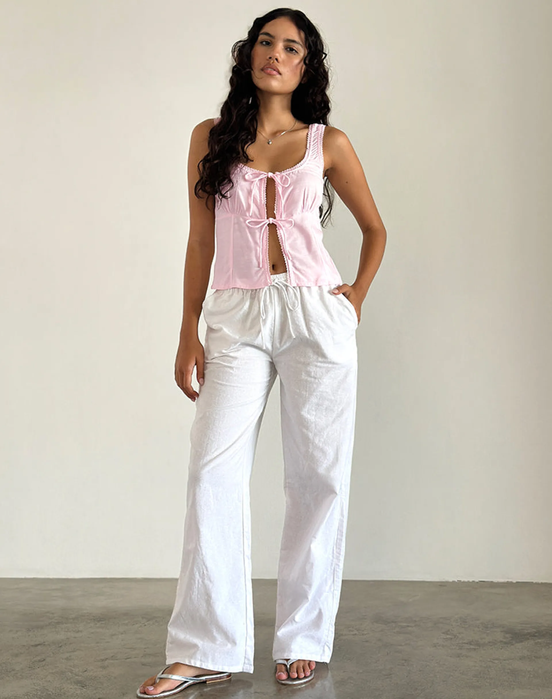 Motel Rocks Basic Tops | Strappy Tops-Esau Tie Front Top in Light Pink Private Slub LightPinkPrivateSlub