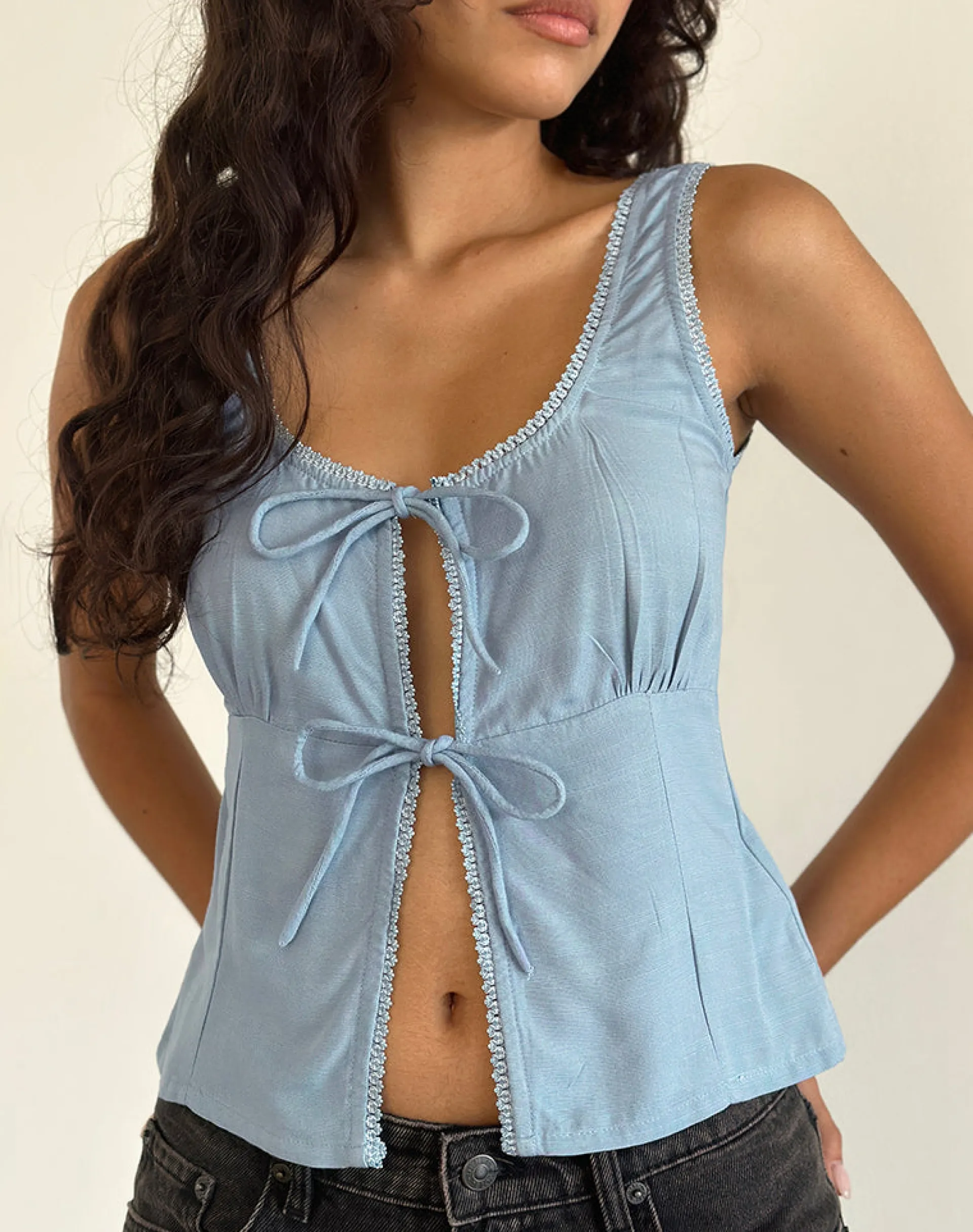 Motel Rocks Basic Tops | Vest Tops-Esau Tie Front Top in Private Slub Nantucket Blue PrivateSlubNantucketBlue