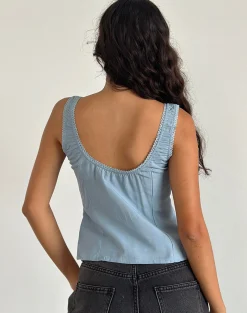 Motel Rocks Basic Tops | Vest Tops-Esau Tie Front Top in Private Slub Nantucket Blue PrivateSlubNantucketBlue