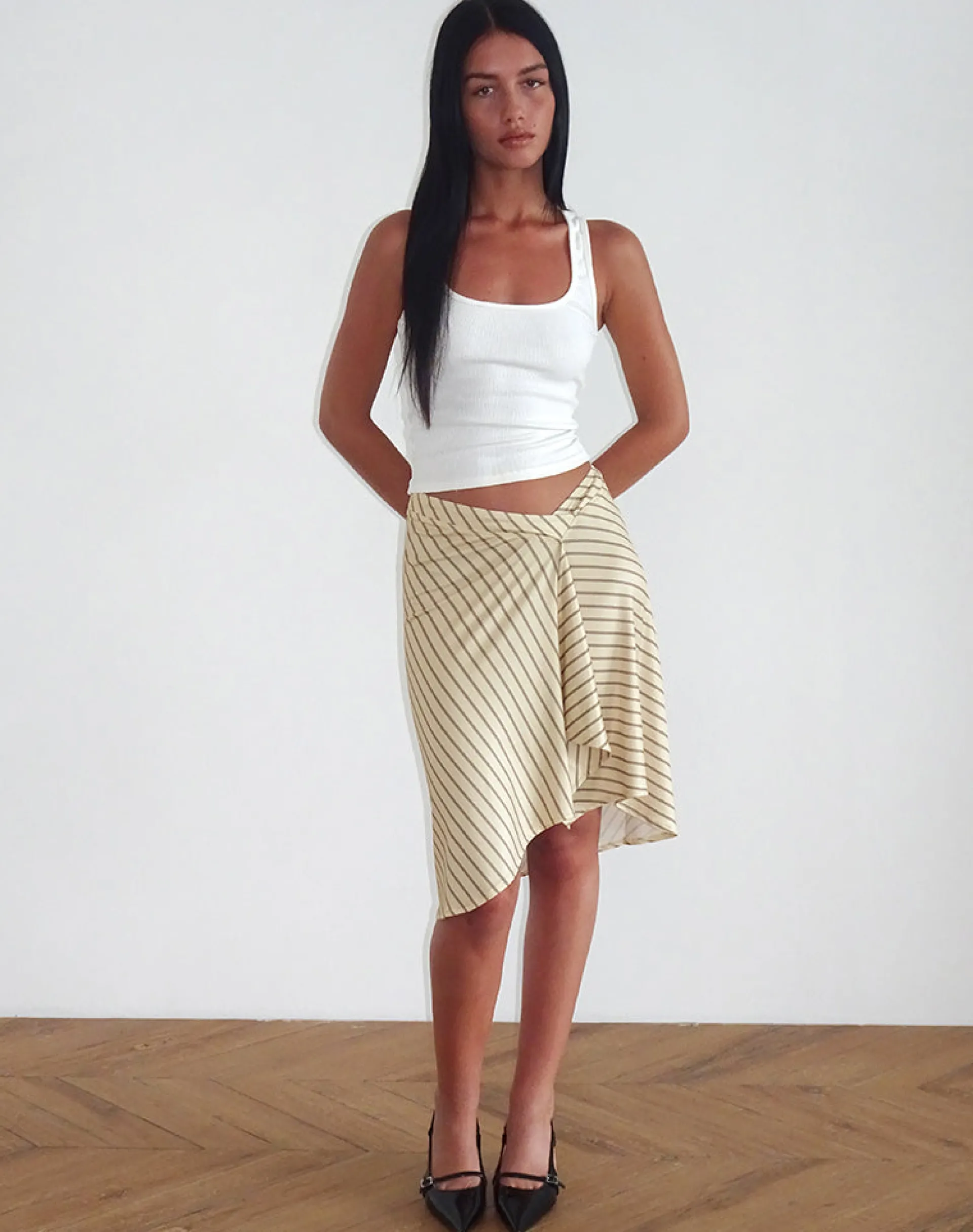 Motel Rocks Co-Ords | A Line Skirts-Esmeray Midi Skirt in Yellow Diagonal Stripe