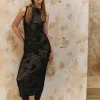 Motel Rocks Printed Dresses | Bodycon Dresses-Estoria Midi Dress Black Rose Flock