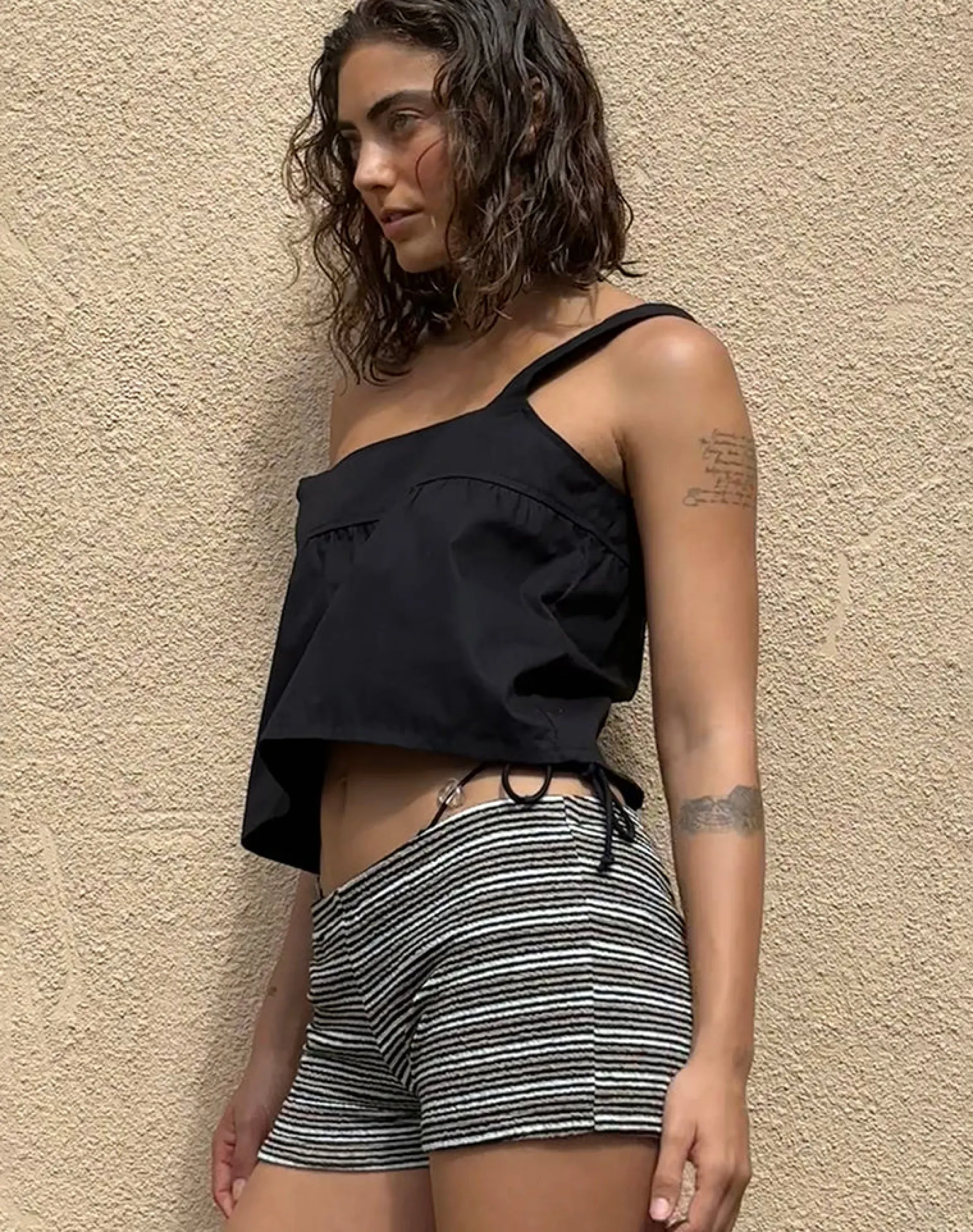Motel Rocks Micro Shorts | Co-Ords-Eunia Shorts in Black and Brown Stripe BlackandBrownStripe