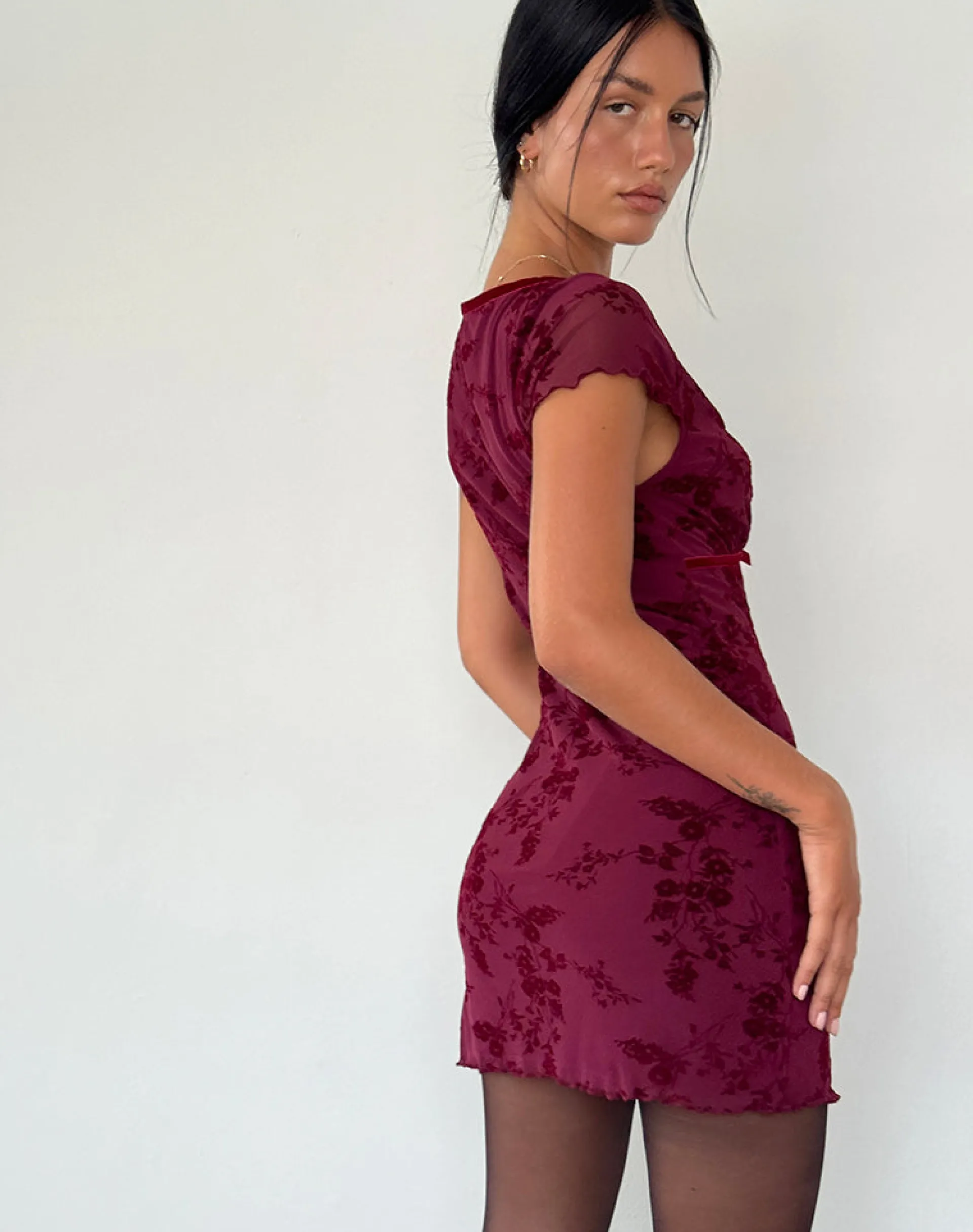 Motel Rocks Day Dresses | Bodycon Dresses-Evilia Dress in Botanical Flower Maroon BotanicalFlowerMaroon