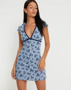 Motel Rocks Printed Dresses | Day Dresses-Evilia Mini Dress in Light Blue Black Botanist Flocking LightBlueBlackBotanistFlocking
