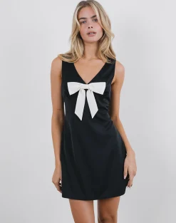 Motel Rocks Basics | Little Black Dresses-Faradiba Mini Dress in Satin Black with Ivory Bow