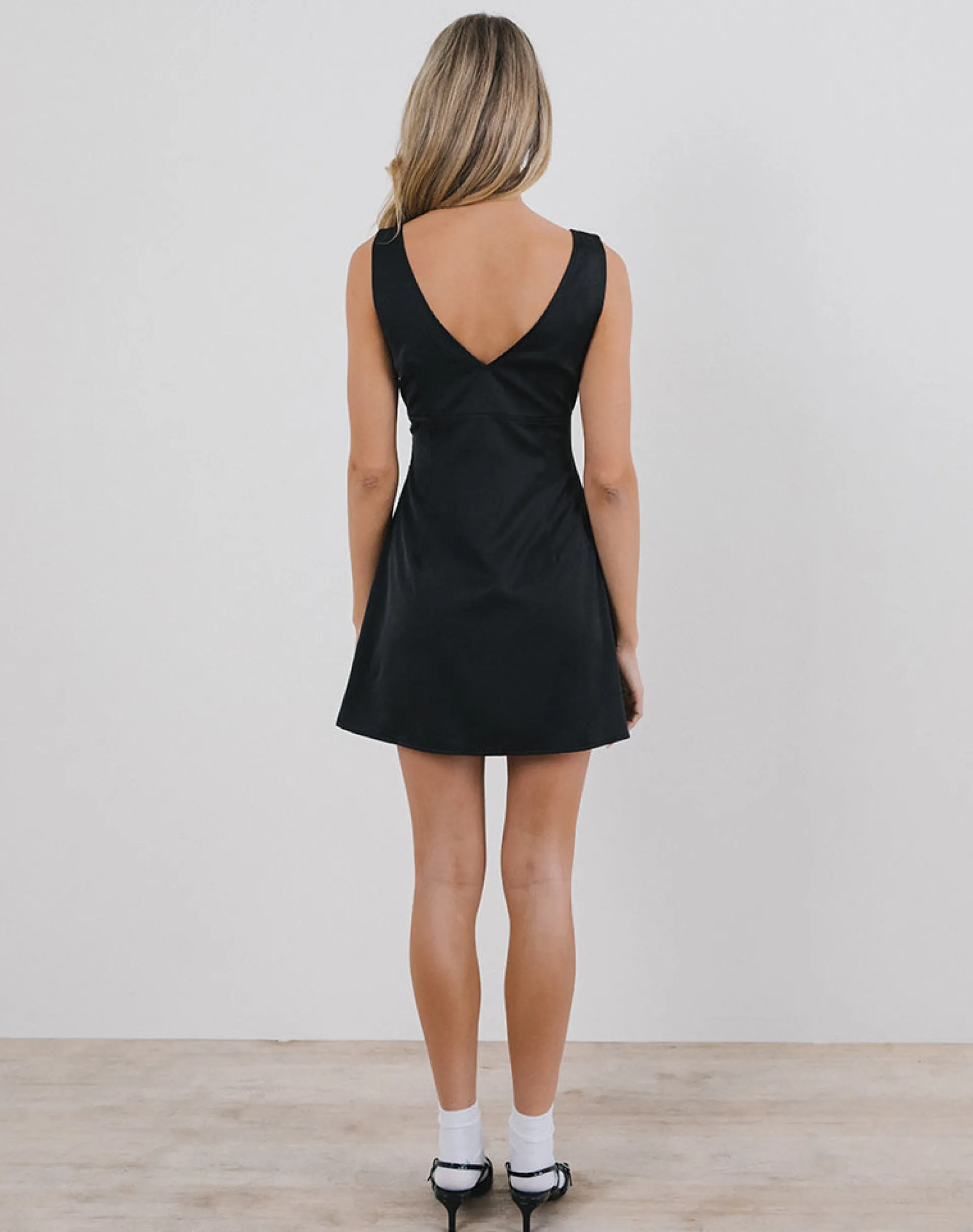Motel Rocks Basics | Little Black Dresses-Faradiba Mini Dress in Satin Black with Ivory Bow