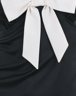 Motel Rocks Basics | Little Black Dresses-Faradiba Mini Dress in Satin Black with Ivory Bow