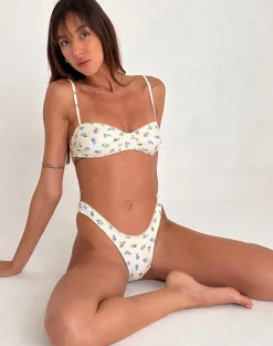Motel Rocks Swimwear-Farida Bikini Bottom in Blue Cluster Floral with Picot Trim BlueClusterFloralwithPicotTrim