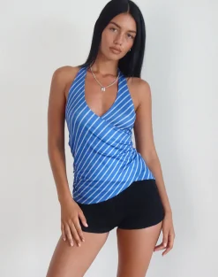 Motel Rocks Halterneck Tops | Printed Tops-Fayez Slinky Top in Blue Diagonal Stripe bluediagonalstripe