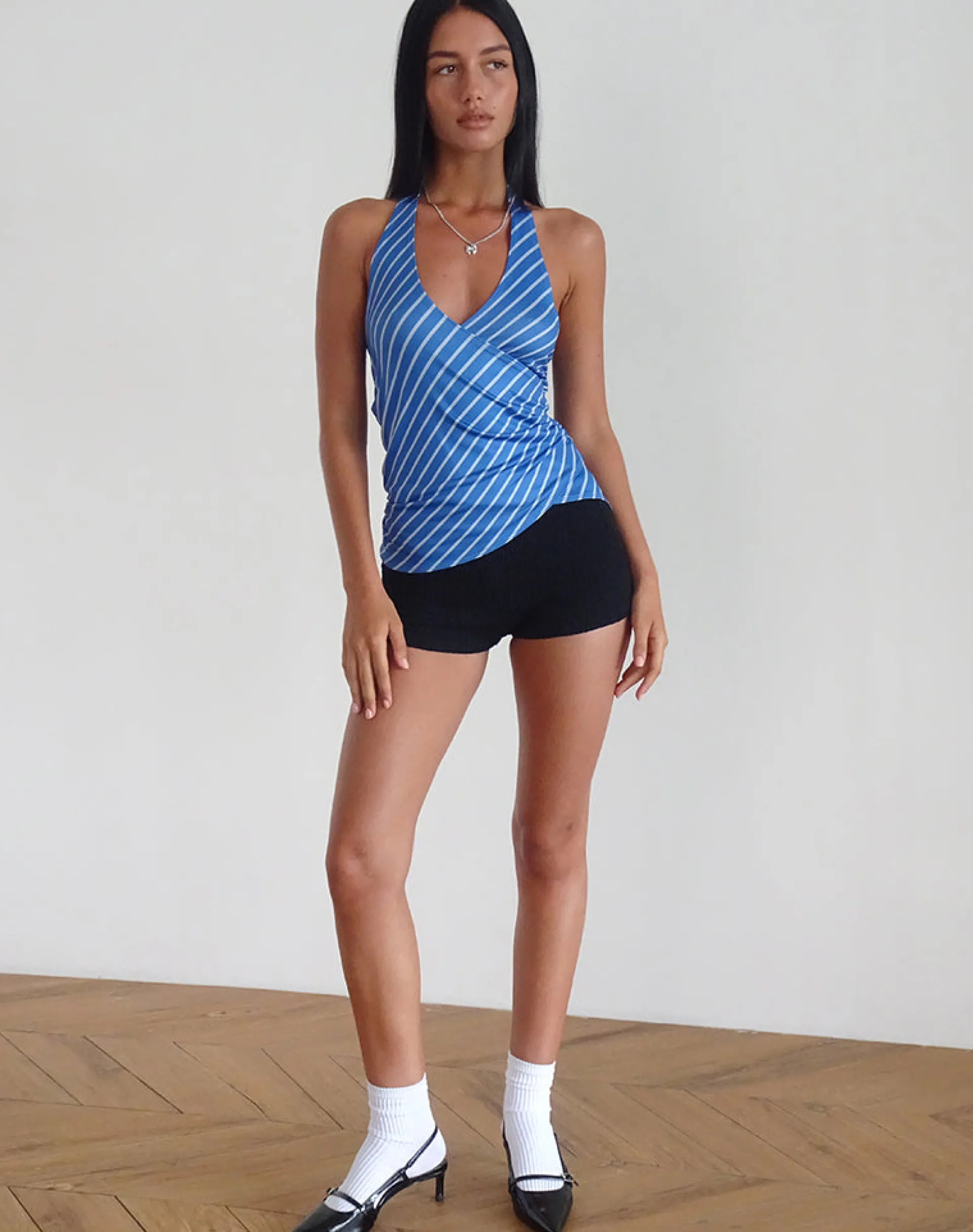 Motel Rocks Halterneck Tops | Printed Tops-Fayez Slinky Top in Blue Diagonal Stripe bluediagonalstripe