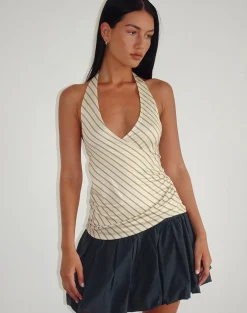 Motel Rocks Co-Ords | Halterneck Tops-Fayez Slinky Top in Yellow Diagonal Stripe YellowDiagonalStripe