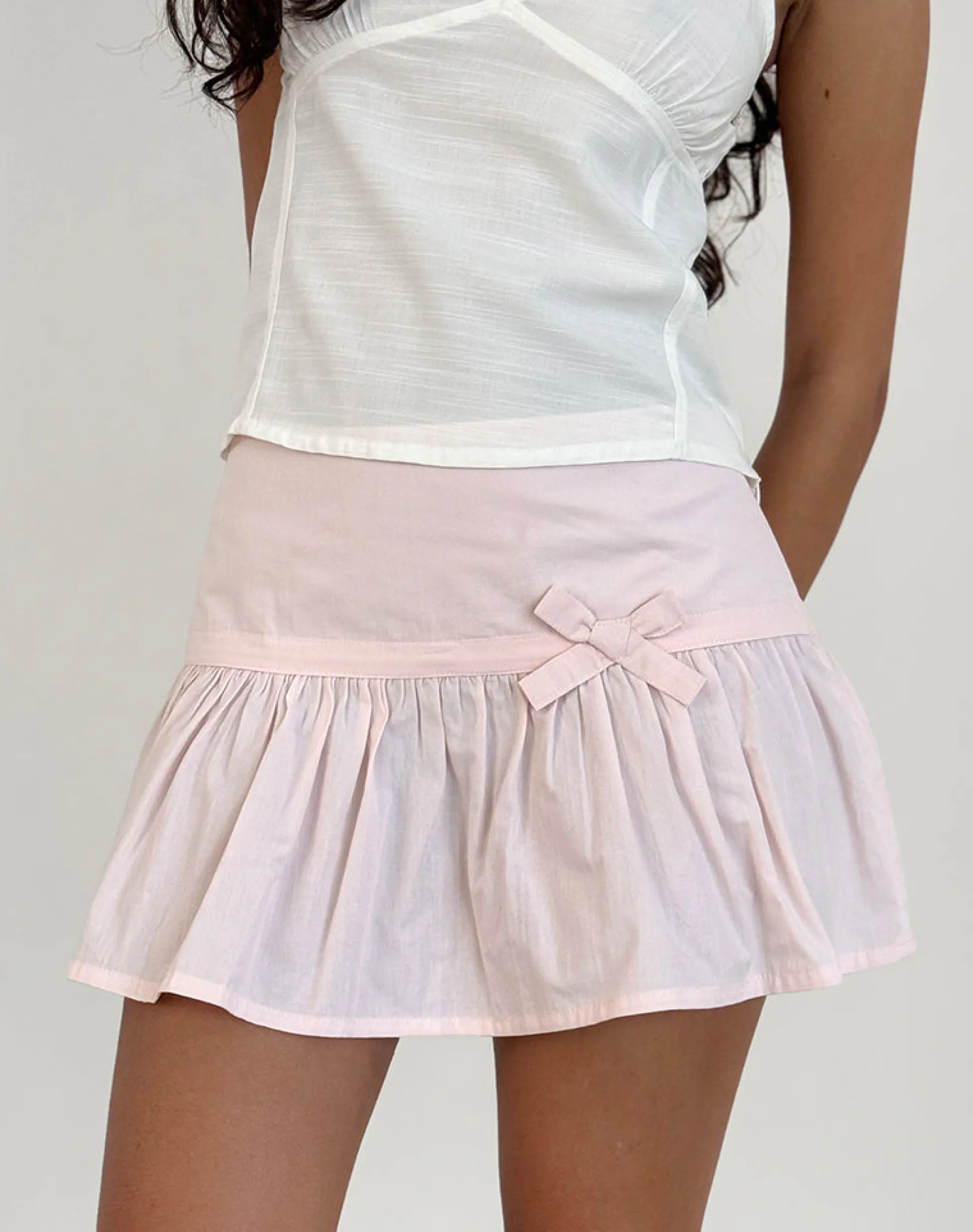 Motel Rocks Tailoring | A Line Skirts-Fita Frill Bow Mini Skirt in Poplin Light Pink