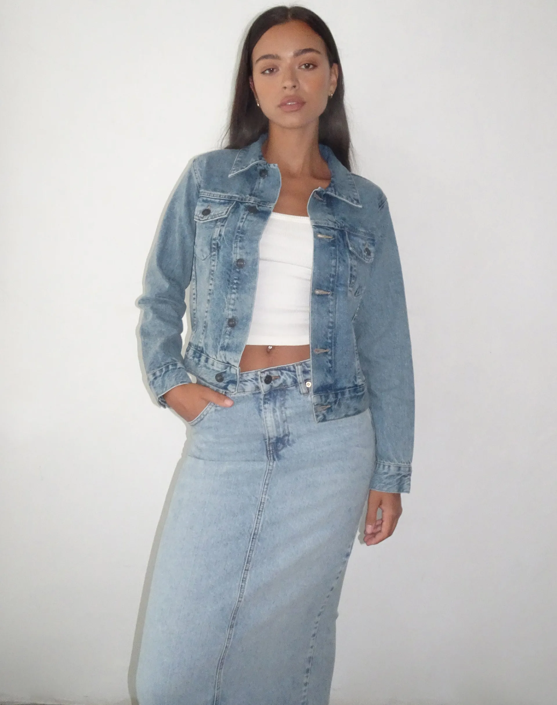 Motel Rocks Basics-Fitted Denim Jacket in Blue Wash VintageBlueWash