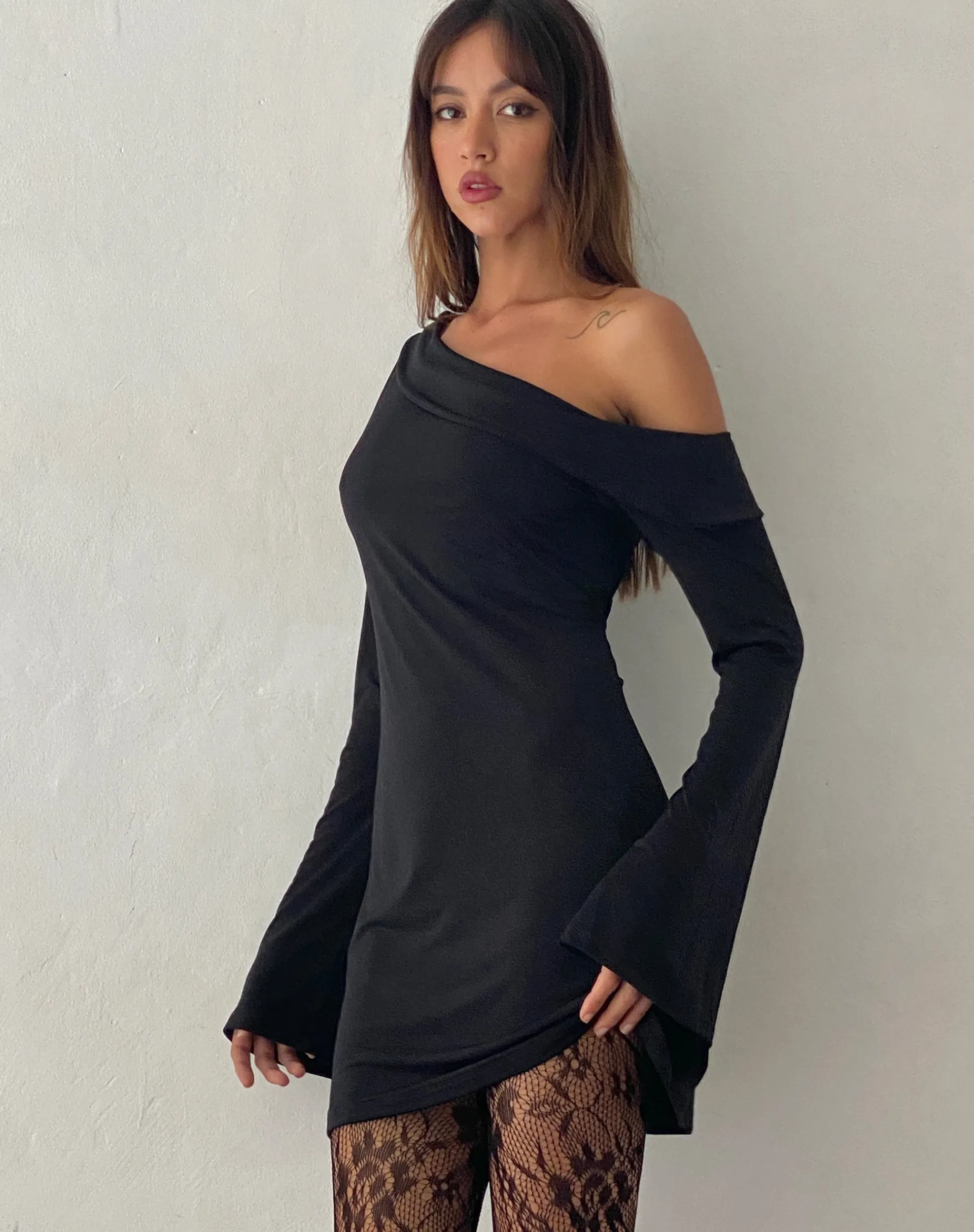 Motel Rocks Long Sleeve Dresses | Little Black Dresses-Fliss Asymmetric Mini Dress in Slinky Black