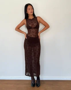 Motel Rocks Printed Dresses | Bodycon Dresses-Florian Romantic Rose Midi Dress in Flock Brown FlockBrown