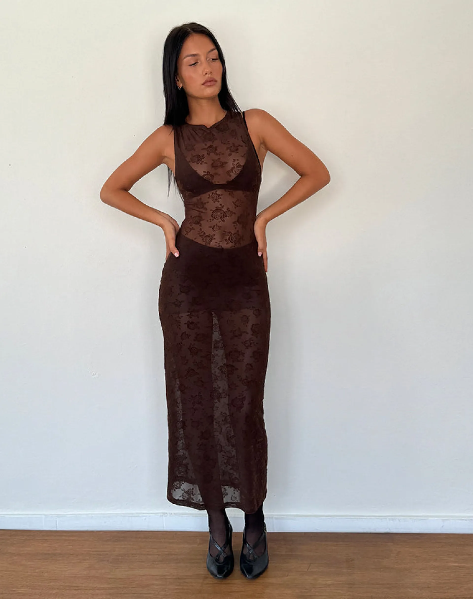 Motel Rocks Printed Dresses | Bodycon Dresses-Florian Romantic Rose Midi Dress in Flock Brown FlockBrown