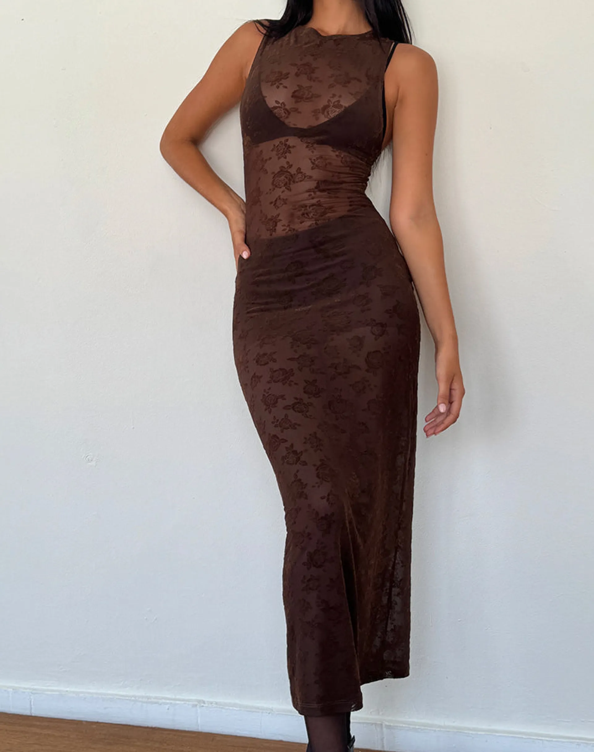 Motel Rocks Printed Dresses | Bodycon Dresses-Florian Romantic Rose Midi Dress in Flock Brown FlockBrown