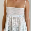 Motel Rocks Strappy Tops | Lace Tops-Flyn Top in Crochet Lace Shirred Poplin White