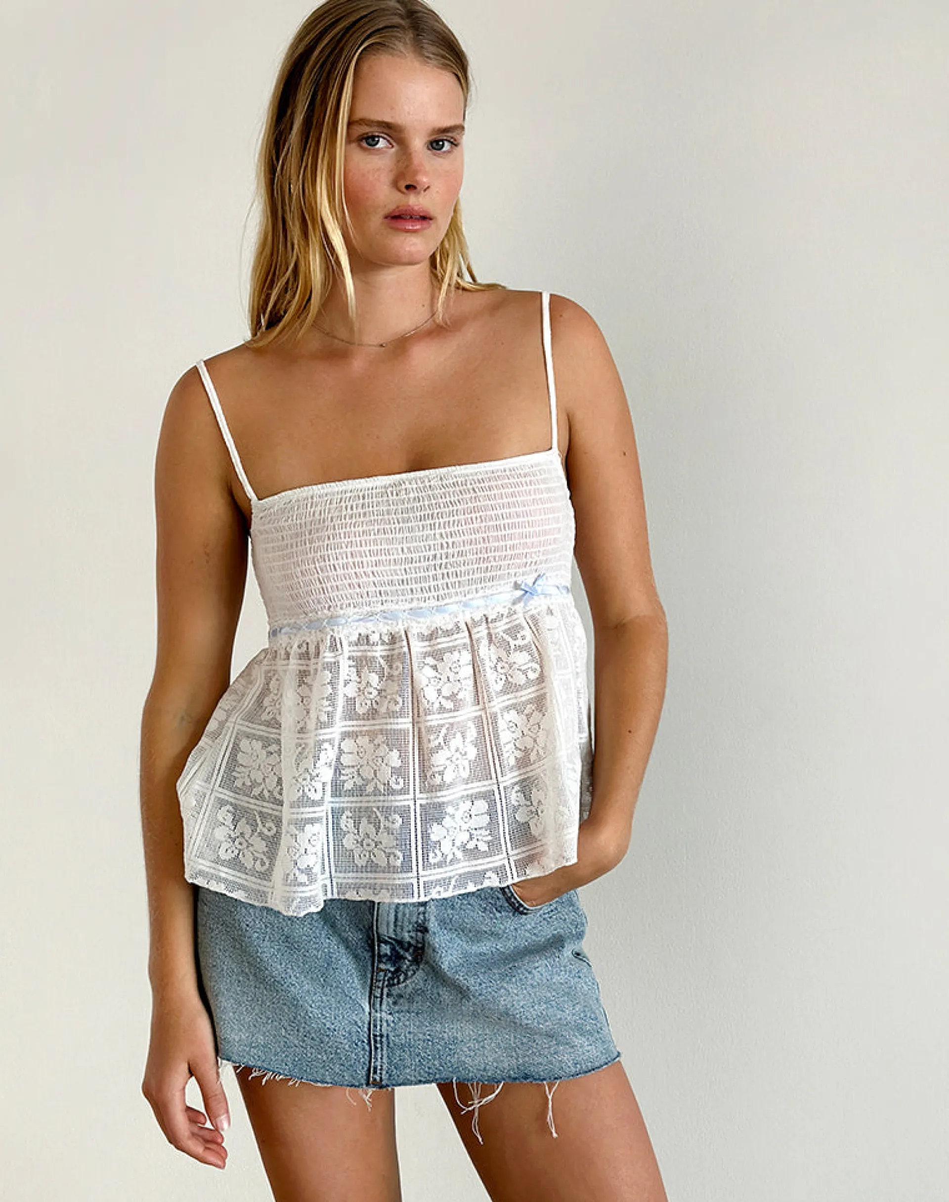 Motel Rocks Strappy Tops | Lace Tops-Flyn Top in Crochet Lace Shirred Poplin White