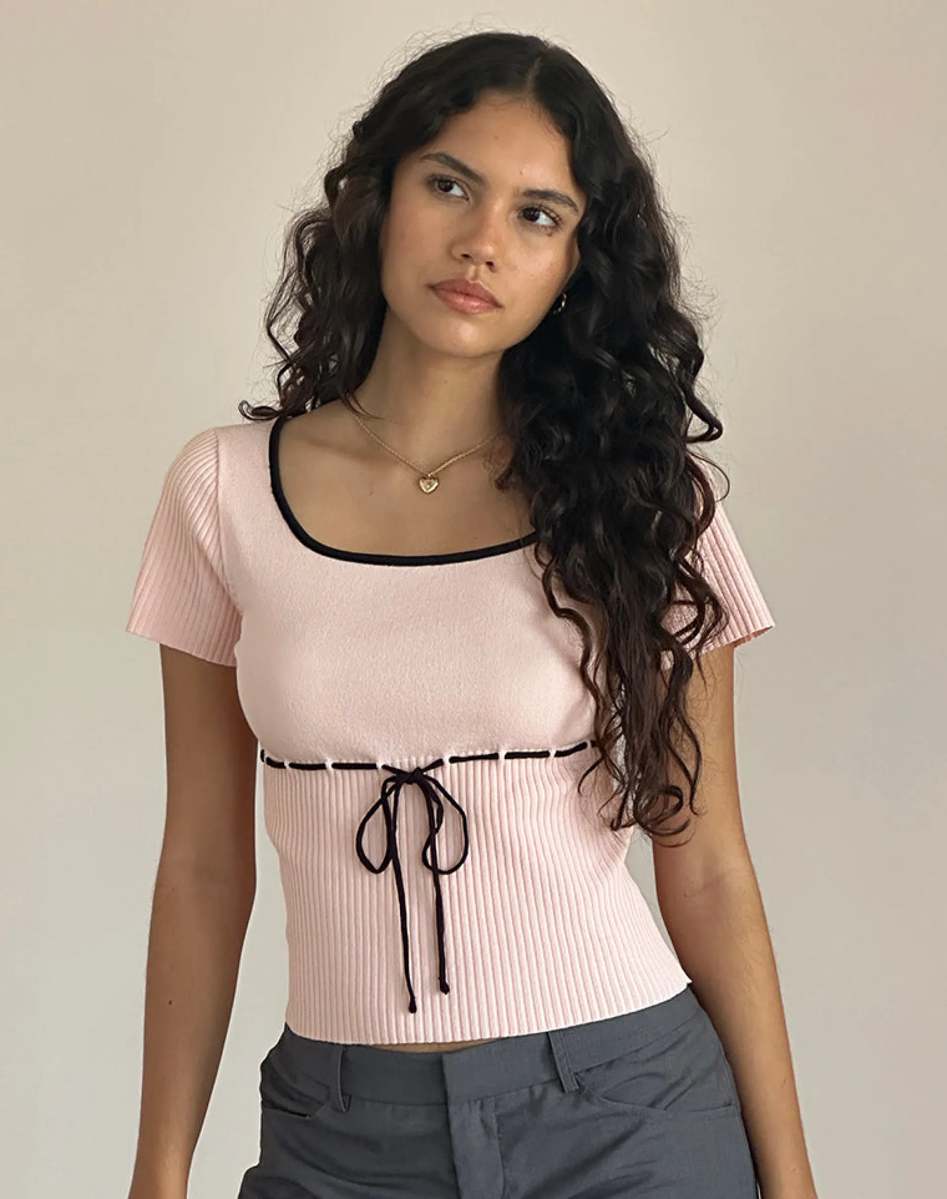 Motel Rocks Basics | Basic Tops-Frauke Top in Blush Pink with Black