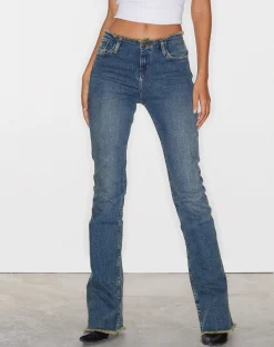 Motel Rocks Jeans | Flared Jeans-Frayed Low Rise Jeans in Brown Blue Acid BrownBlueAcid