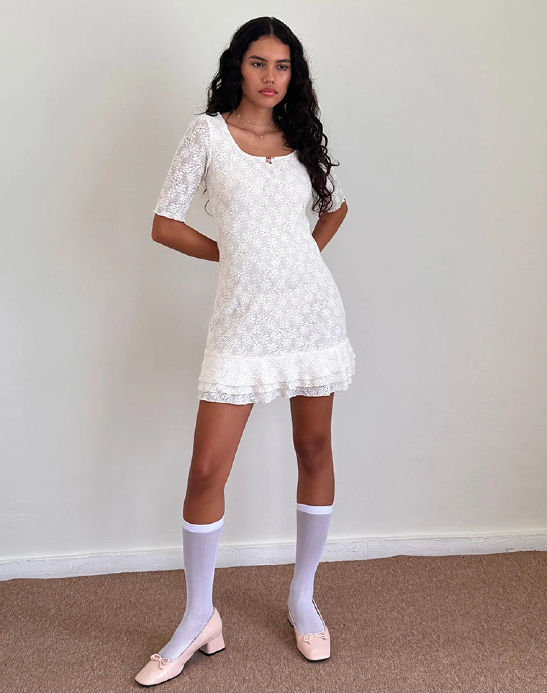 Motel Rocks Long Sleeve Dresses | Party Dresses-Fredrika Mini Dress in Lace Ivory
