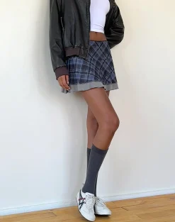 Motel Rocks Printed Skirts-Friska Mini Skirt in Blue Grey Check Mesh BlueGreyCheckMesh