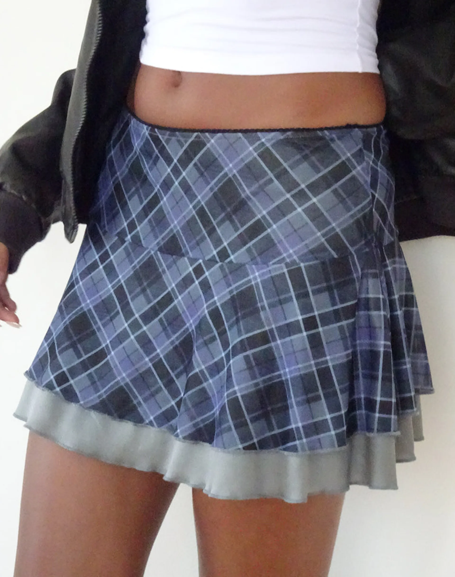 Motel Rocks Printed Skirts-Friska Mini Skirt in Blue Grey Check Mesh BlueGreyCheckMesh