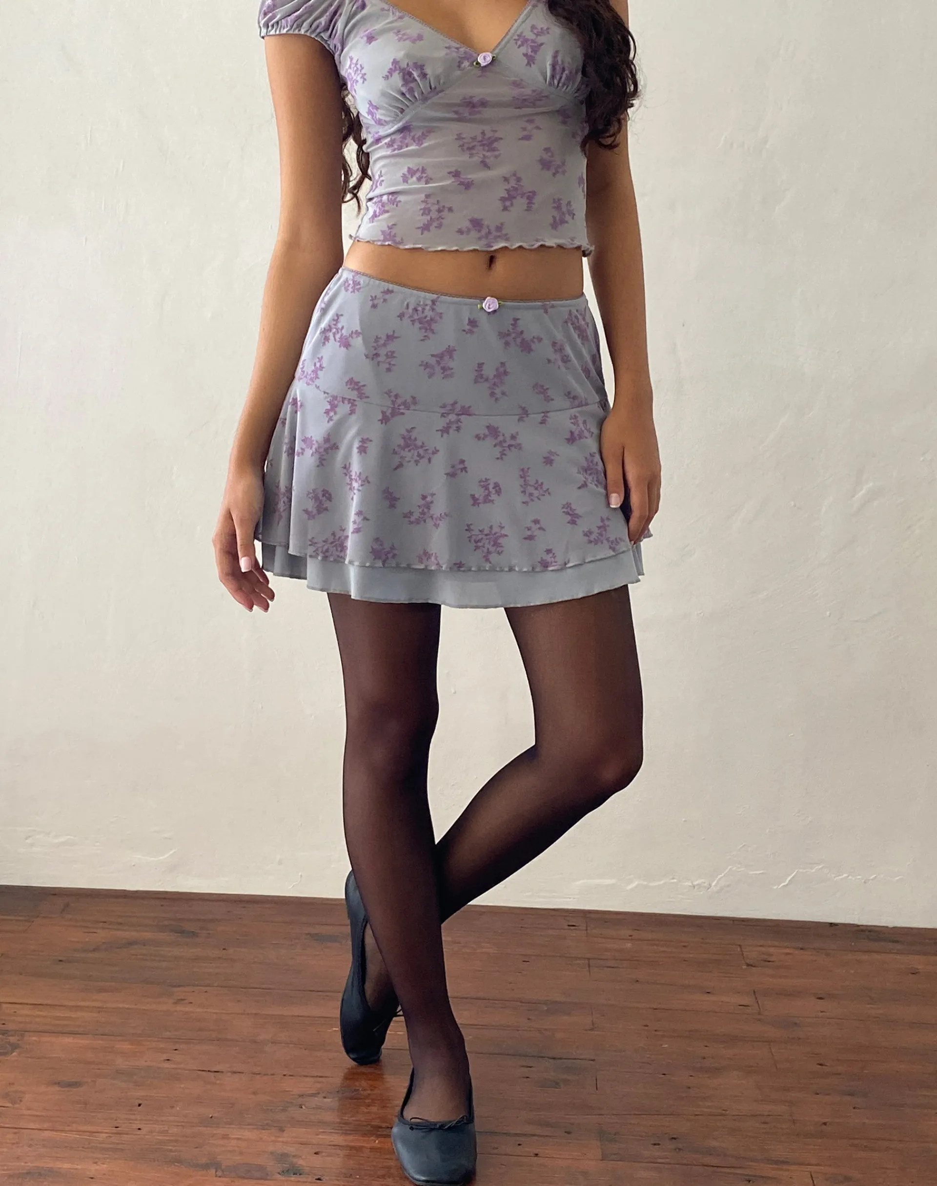 Motel Rocks Mini Skirts-Friska Mini Skirt in Purple Botanist Flock purplebotanistflock