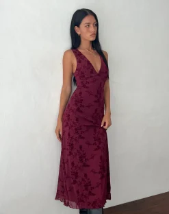 Motel Rocks Printed Dresses | Day Dresses-Gabriela Midi Dress in Botanical Flower Maroon BotanicalFlowerMaroon