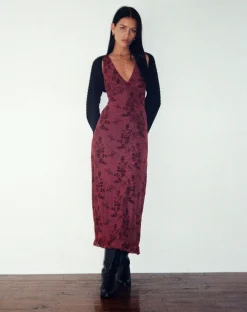 Motel Rocks Printed Dresses | Day Dresses-Gabriela Midi Dress in Botanical Flower Maroon BotanicalFlowerMaroon