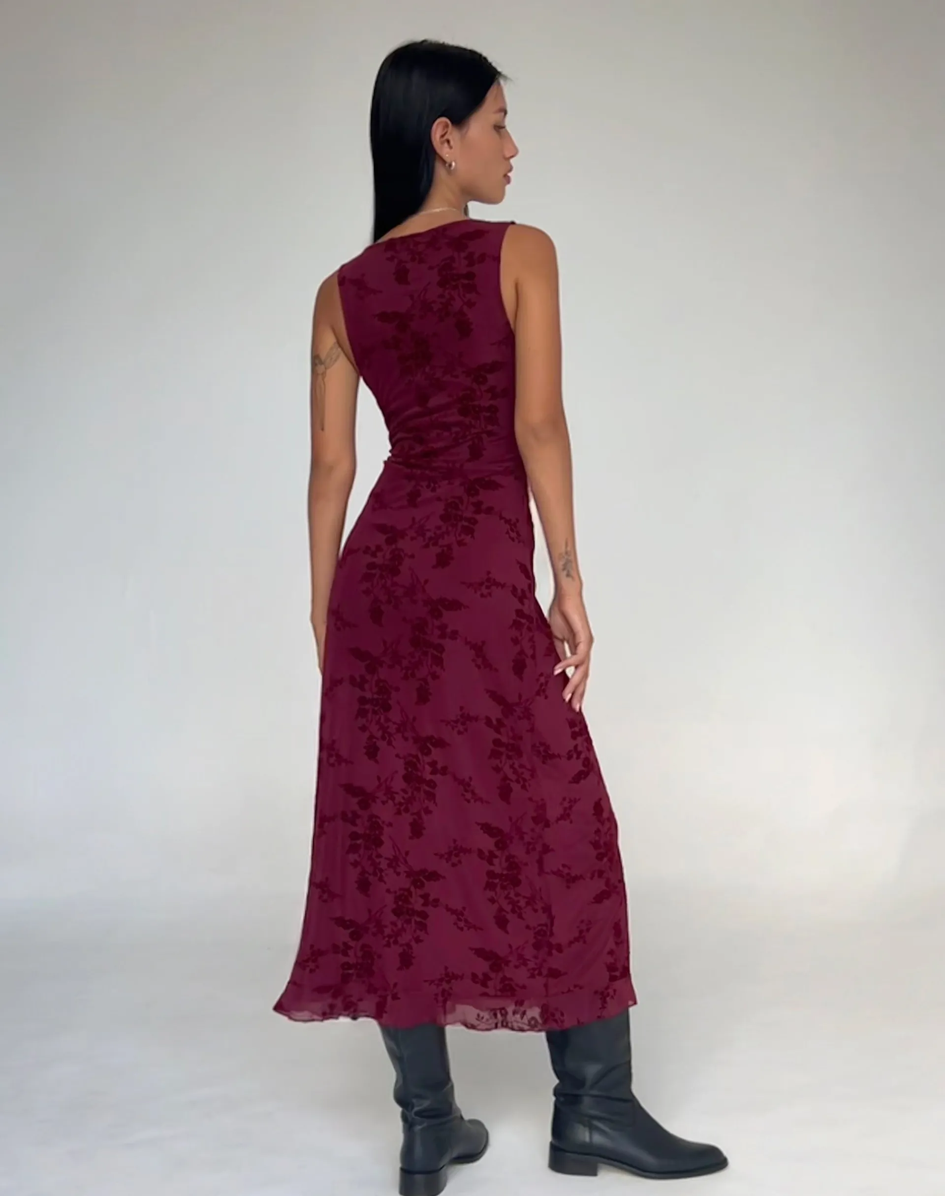 Motel Rocks Printed Dresses | Day Dresses-Gabriela Midi Dress in Botanical Flower Maroon BotanicalFlowerMaroon