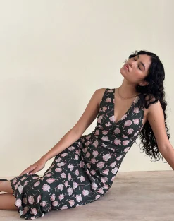 Motel Rocks Printed Dresses | Midi Dresses-Gabriela Midi Dress in Falling Rose Jet Black FallingRoseJetBlack